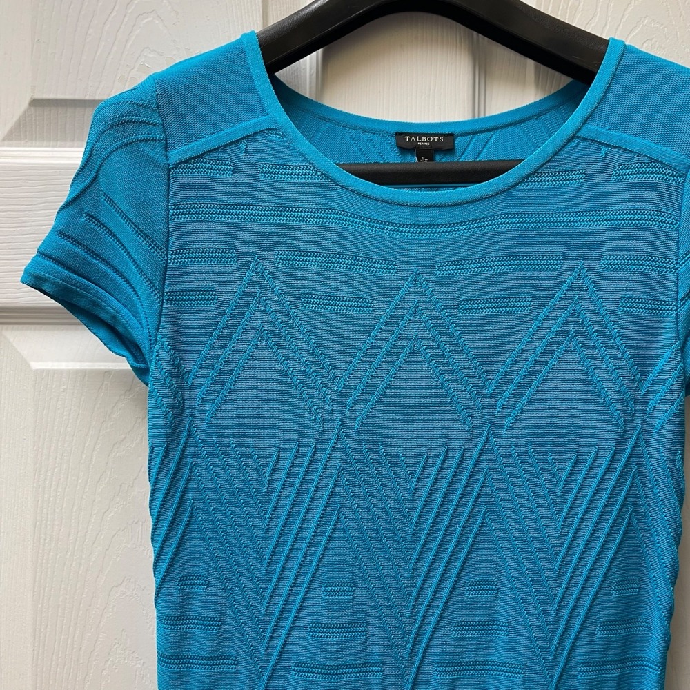 Talbots Women's Petite PS Teal Sweater Dress Drop Waist A-Line Short Sleeve